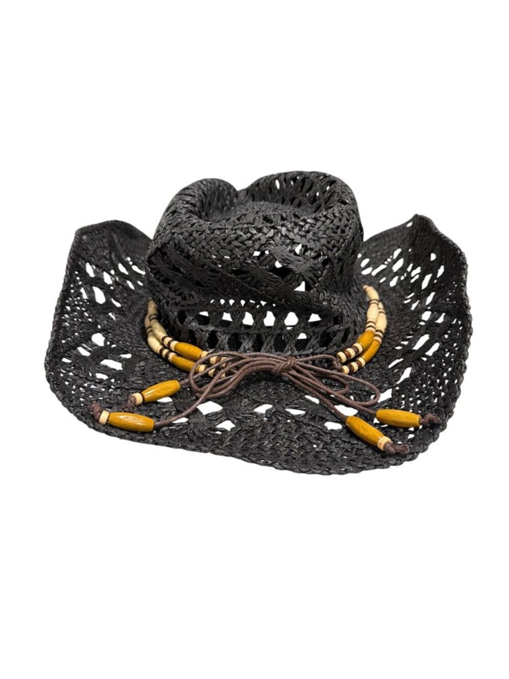 Black Woven Straw Cowboy Hat With Beaded Band & Turquoise Stone Accent - Picture 6 of 9